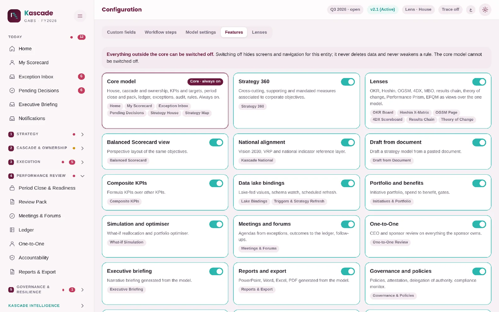 Kascade configuration screen with the always-on core model and switchable features such as contributing strategies, lenses, national alignment, draft from document, data lake bindings, simulation, meetings and reports.